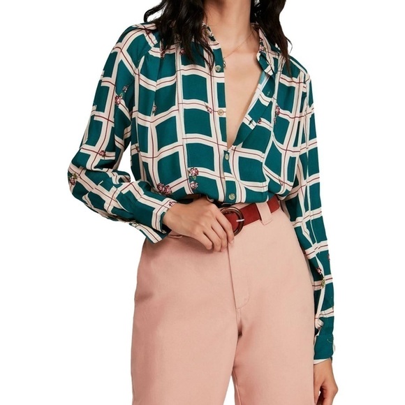 Free People Window To My Heart White/Green Button Down Shirt Size Small - Picture 1 of 16